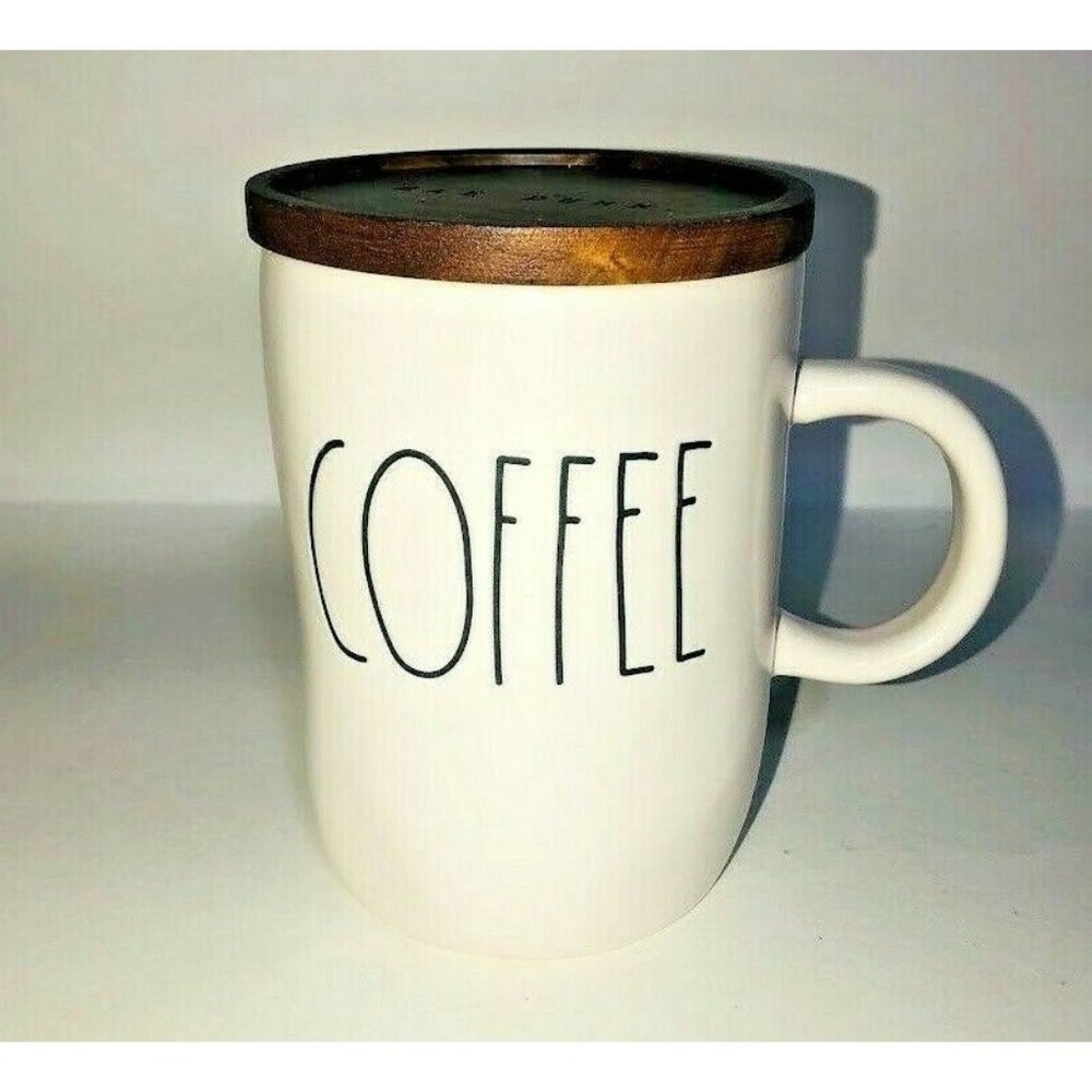 Rae Dunn Mug COFFEE  Wood lid / Coaster Brand New Matte White LL